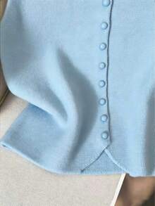 Franclia 休闲宽松无袖高领针织衫，纽扣设计，红色，女士，春秋季毛衣背心，浅蓝色上衣，浅蓝色上衣，女士针织衫，浅蓝色针织衫，无袖针织衫，浅蓝色针织衫，女士毛衣背心，女士针织衫，浅蓝色针织衫 - 淺藍色 - 查看 3