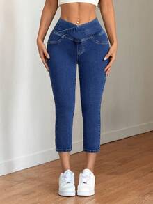 SHEIN Tall 2026 Summer Tall Women's Casual Summer Vacation Outfits For Women Solid Color Elastic Waist Cross-Waist Design With High-Stretch Fabric Slant Pocket Casual Cropped Denim Jeans - Dark Wash - View 4