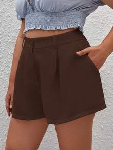 SHEIN Privé Plus Size Solid Color Pleated Loose Casual Versatile Shorts - Burgundy - View 5