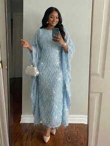 SHEIN Lady CURVE 大码女式纯色圆领蝙蝠袖宽松时尚连衣裙 - 藍色 - 查看 1