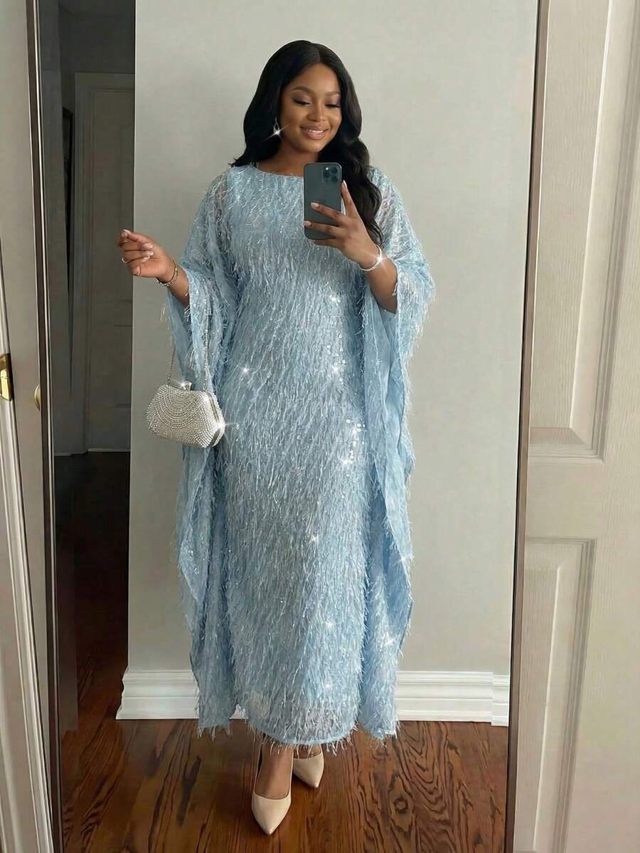 SHEIN Lady CURVE 大码女式纯色圆领蝙蝠袖宽松时尚连衣裙 - 藍色 - 查看 1