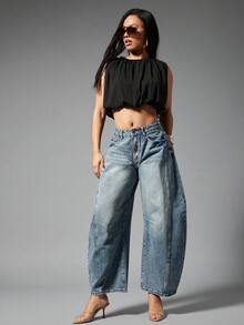 Denimoi 女士口袋喇叭休闲宽松牛仔裤 - 藍色 - 查看 6