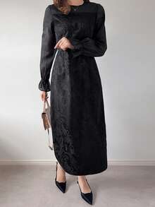 FRIFUL Women's Solid Color Round Neck Long Sleeve Flared Cuff Waist Fitted Dress, Versatile For Spring & Summer Sundress - Black - View 5