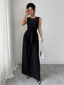 SHEIN Raffinéa 法式优雅度假连体裤，透视亮片拼接，后背拉链；腰部配有布腰带，泡泡袖褶皱设计，阔腿裤 - 黑色 - 查看 5