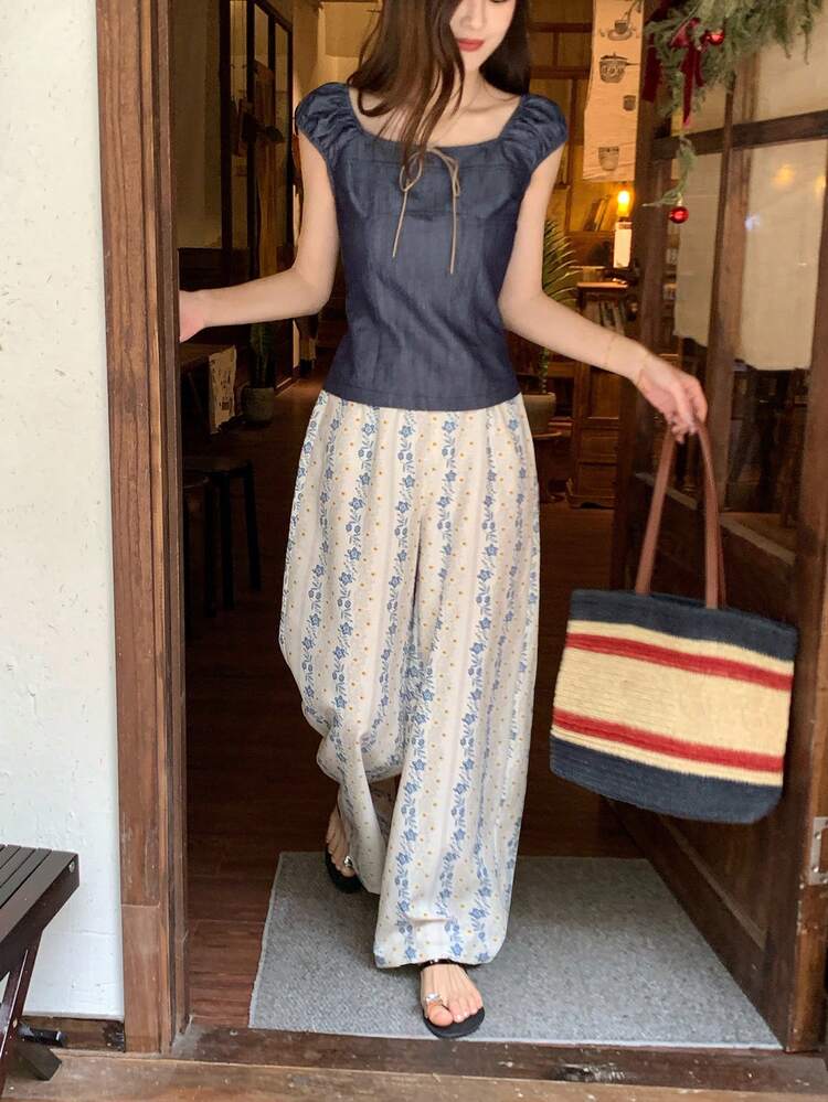 Women's Casual Lace-Up Design 2 Pieces Set, Versatile For Daily Wear, Summer