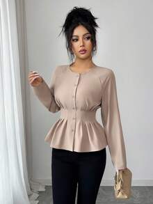 Elenzga Blusa plisada elegante para oficina, trabajo y uso casual - Caqui - Ver 6