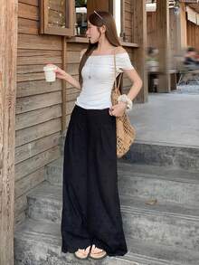 DAZY 女士黑色宽松镂空花卉直筒裤 - 黑色 - 查看 6