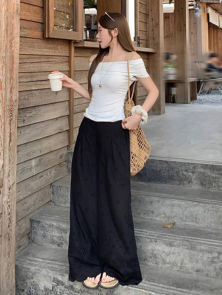 Women's Black Loose Floral Hollow Out Straight Leg Pants