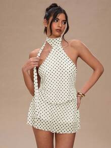SHEIN BAE 女士波点印花露背吊带迷你连衣裙 - 杏色 - 查看 4