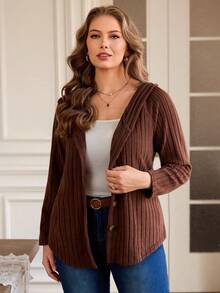 EMERY ROSE Plus Size Chocolate Brown Rib-Knit T-Shirt With Hooded Neckline,Long Raglan Sleeves,Button Detail Top Everyday Smart Casual Silky Autumn White Fall - Brown - View 1