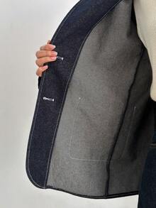 DAZY 女士翻领宽松长袖拼接印花休闲街头风牛仔外套 - 深色水洗藍 - 查看 4