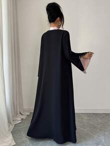 Al Najma Women's Elegant Minimalist Contrast Color Cuff Rhinestone Embellished Long Sleeve Abaya - Black - View 2