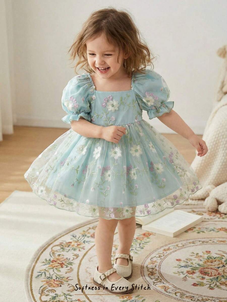 Cozy Pixies 女童柔软薄纱花朵刺绣圆领泡泡袖收腰可爱公主蓬蓬裙，百搭舒适，甜美可爱，公主风，适合婚礼、派对、假日、外出等场合，优雅可爱，街头风，多场合皆宜。 - 薄荷綠 - 查看 1