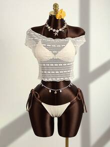 Zestiva 女士夏季沙滩三件套：蕾丝提花网纱三角系带上衣、侧边系带长裤、不对称网纱T恤、泳装套装 - 米色 - 查看 7