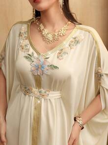 Al Najma Elegant Beige Beaded & Rhinestone Embellished Bat Wing Dress, Spring/Summer - Apricot - View 3