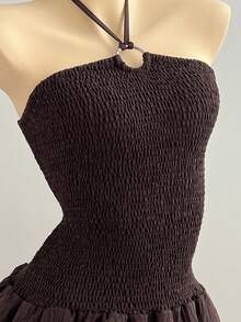 Elamini Vestido mini ajustado con tirantes finos y volantes en el bajo, silueta favorecedora, para primavera/verano y resort - Café - Ver 4