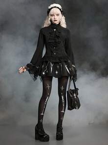 ROMWE Goth Saia evasê com estampa de martelo meteoro, espada, corrente e garfo em estilo gótico para mulheres. - Preto - Ver 1