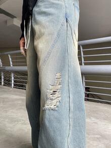 Ngobest Haus Ngobest Haus 1 pieza Pantalones vaqueros de pierna ancha con estilo japonés y parches desgastados para hombres, pantalones casuales largos sueltos con lavado vintage y rotos (no incluye cinturón ni accesorios) - Azul - Ver 4