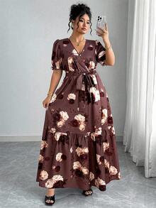 Elenzga Plus Size Women's Casual Boho Floral Maxi Dress V Neck Puff Half Sleeve Wrap A Line Flounce Hem - Multicolor - View 3