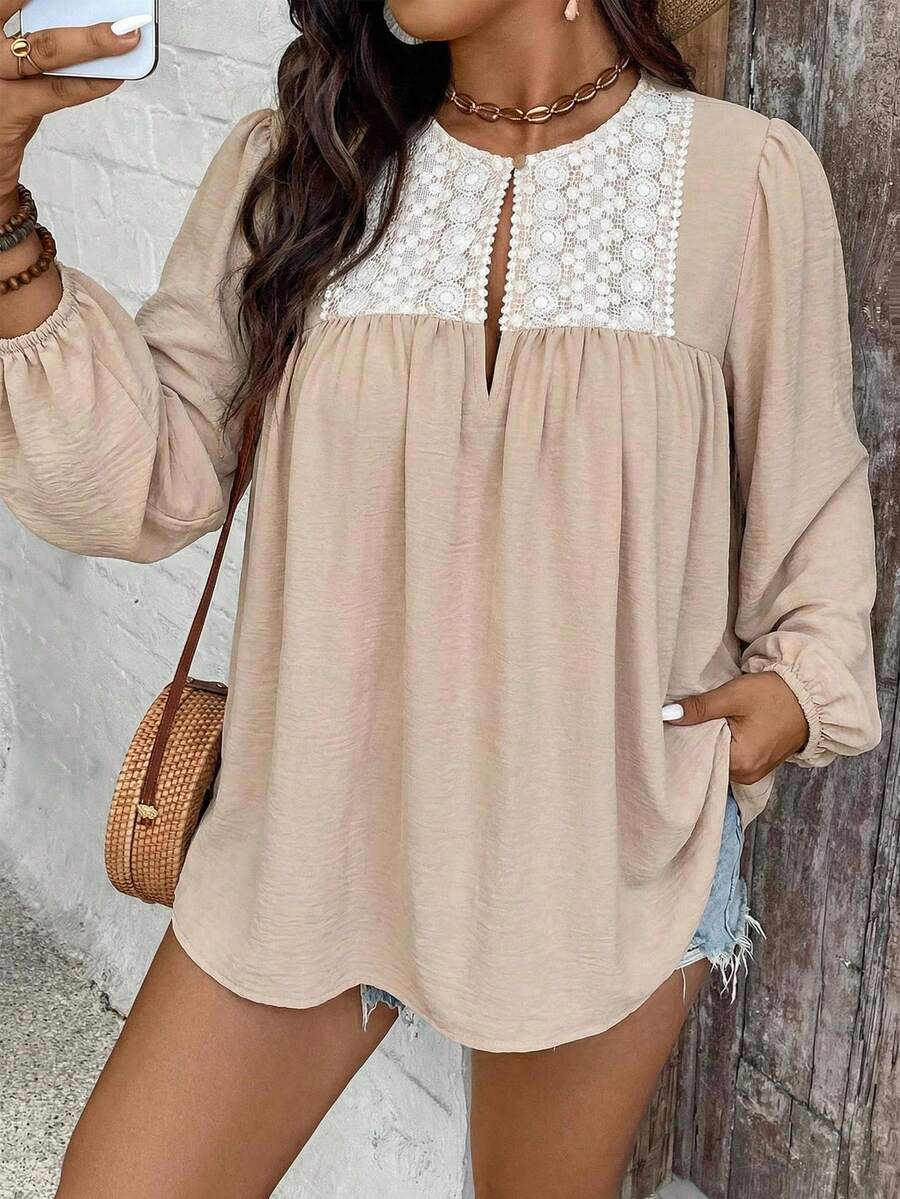 SHEIN VCAY Plus Size Women's Contrast Lace Lantern Sleeve Pleated Fashion Blouse Boho Valentines Lace - Khaki - View 1