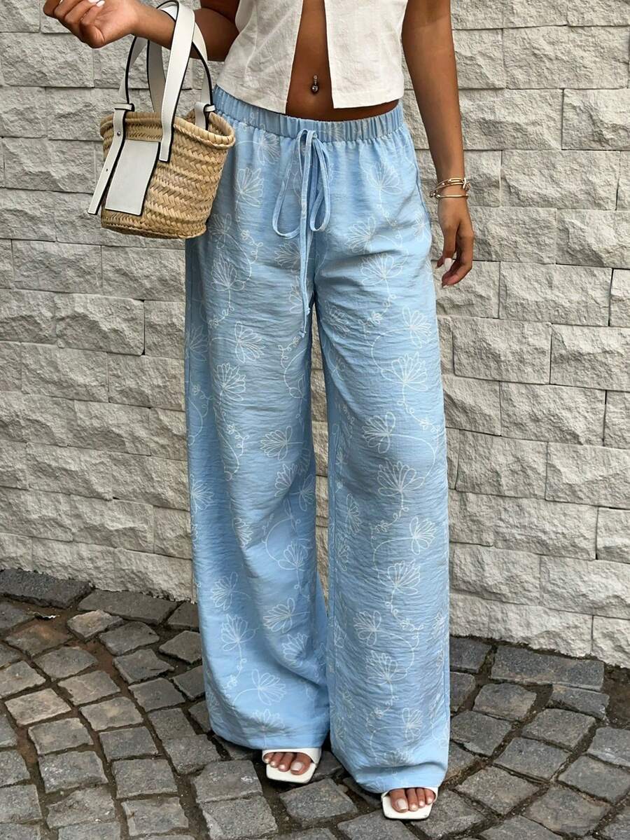 SHEIN SunnyBelle 女士碎花蓝色低腰裤，带口袋，时尚休闲沙滩装，适合夏季和春夏穿着 - 藍色 - 查看 1