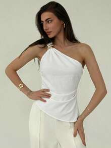 Aloruh Damen asymmetrischer Saum Metall Dekor Pendler Bluse mit Taillierung, Sommer Ein-Träger Top Schulterfrei Oberteil für Frauen Party Weiß Elegante Party Nacht - Weiss - Übersicht 3