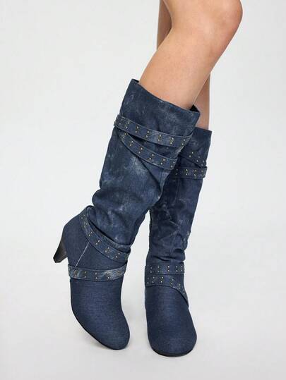 ROMWE Grunge Punk Women's Autumn/Winter Knee-High Boots With Crossed Studs Straps, Pleated Shaft, Round Toe, High Heel, Side Zipper, Fashion Boots