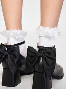 ROMWE Kawaii High Heel Bowknot Chunky Sole Pumps Valentines - Black - View 6