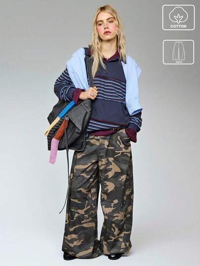 COUREZ Low Rise Skate Camo Cargo Trousers /Y2K Vintage 100%Cotton Woodland Oversized Baggy Fit Spring Gorpcore Bottoms Women Bottoms Washed Camo Summer Bottoms