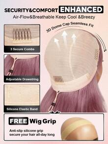 ALL READY WIG Peluca de cabello humano liso de 180% de densidad, con frente de encaje transparente preplucado y línea de nacimiento natural para uso diario, con acabado de purpura ceniza, sin pegamento y con un diseño transpirable. - SPurple - Ver 6