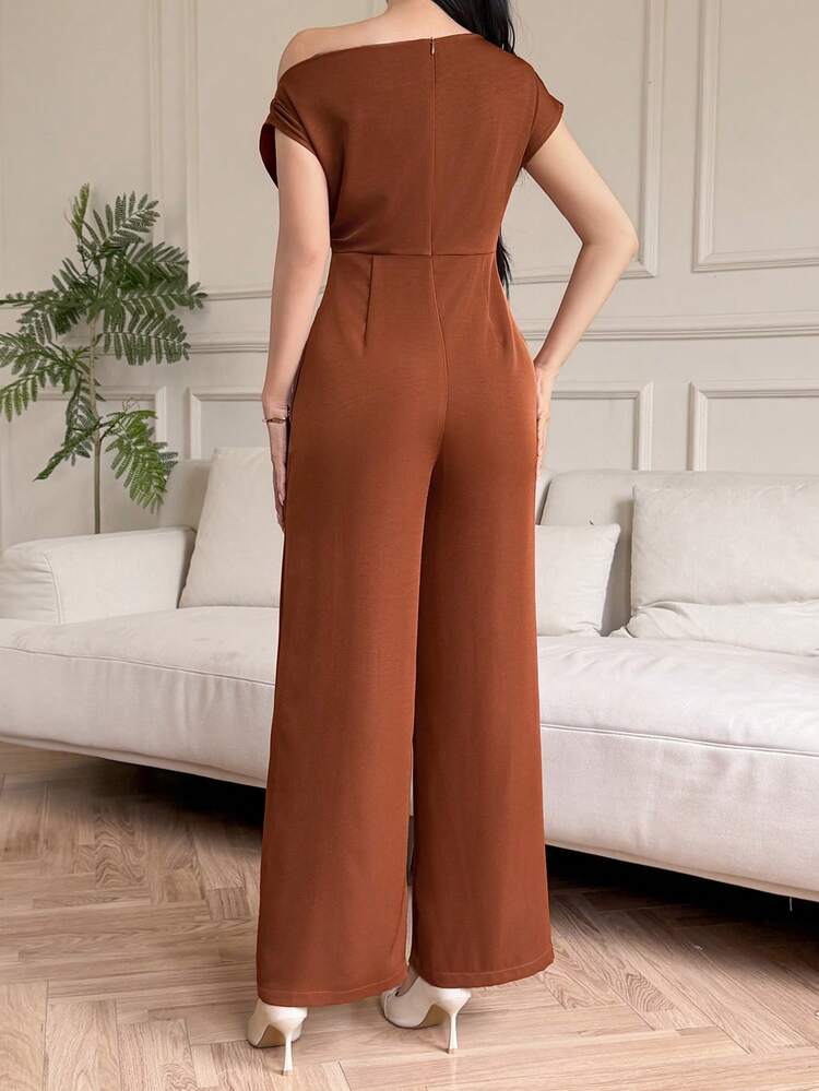 Women's Elegant Solid Color Asymmetrical Shoulder Wide Leg Jumpsuit, Summer Jumpsuit