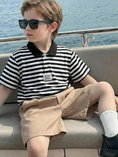 SHEIN 2pcs/Set Young Boy Striped Long Sleeve Polo Collar Sweatshirt & Elastic Waist Casual Pants Suit, Suitable For Birthday Party, Rave, Evening Party, Performance, Wedding