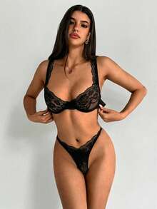 Aloruh 女士蕾丝性感钢圈文胸和内裤套装，适合外出穿着，打造坏蛋造型 - 黑色 - 查看 6