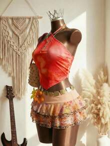 Elin Vora Áo kiểu nữ gợi cảm, cổ yếm, không tay, in họa tiết hoa nhiệt đới, thích hợp cho lễ hội âm nhạc, hẹn hò, đi biển. - trái cam - Xem 4