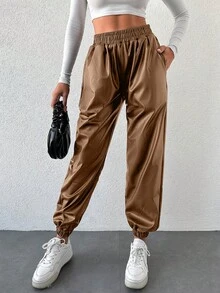 SHEIN Cottnline بنطلون جوجر نسائي ذو خصر مطاطي مع جيوب، لون أحادي، متعدد الاستخدامات للارتداء اليومي - بيج - مشاهدة 4