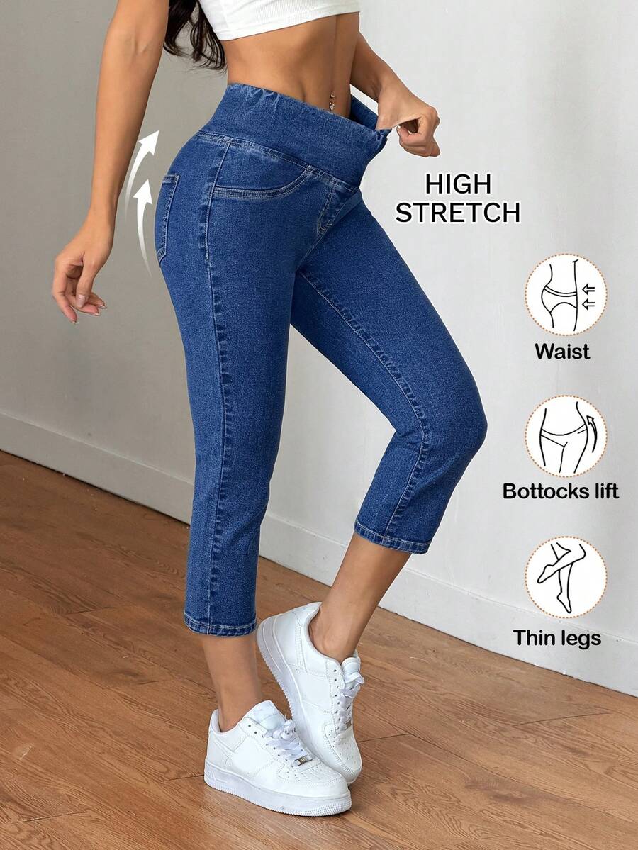 SHEIN Tall 2026 Summer Tall Women's Casual Summer Vacation Outfits For Women Solid Color Elastic Waist Cross-Waist Design With High-Stretch Fabric Slant Pocket Casual Cropped Denim Jeans - Dark Wash - View 1