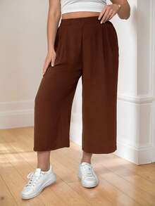 SHEIN Essnce 大码女装春夏时尚休闲宽松舒适日常基础款黑色弹力腰七分阔腿裤，女式下装，夏季女装，宽松裤 - 咖啡棕 - 查看 3