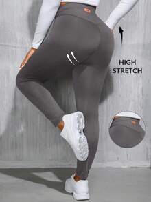 SHEIN Essnce Plus Size Women's Spring And Autumn Leisure Sports High Waist High Elastic Comfortable Black Slim Leggings,Women Bottom,Street Wear,Curve Pants,Basics Pants,Fall Outfits,Y2k Pants - Grey - View 1