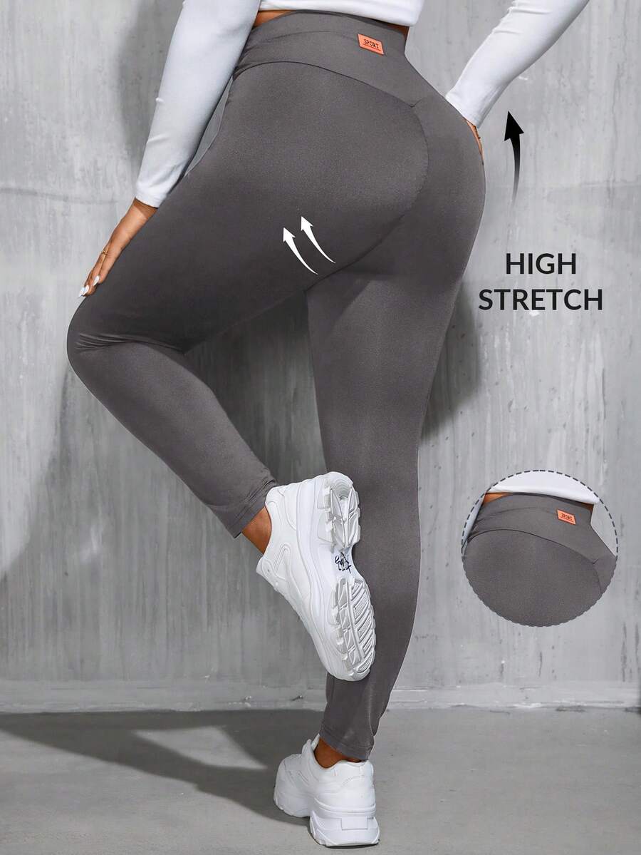 SHEIN Essnce Plus Size Women's Spring And Autumn Leisure Sports High Waist High Elastic Comfortable Black Slim Leggings,Women Bottom,Street Wear,Curve Pants,Basics Pants,Fall Outfits,Y2k Pants - Grey - View 1