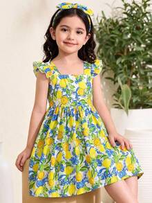 Maija Kids Maija Kids 女童方领褶皱荷叶边下摆休闲连衣裙 - 黃色 - 查看 3