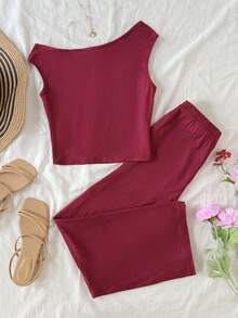 SHEIN Tween Girl Spring/Summer Casual Commuter Fitted Off Shoulder Ruched High-Stretch Knit T-Shirt And Matching Woven Slim Straight Leg Pants Set, Burgundy - Burgundy - View 3