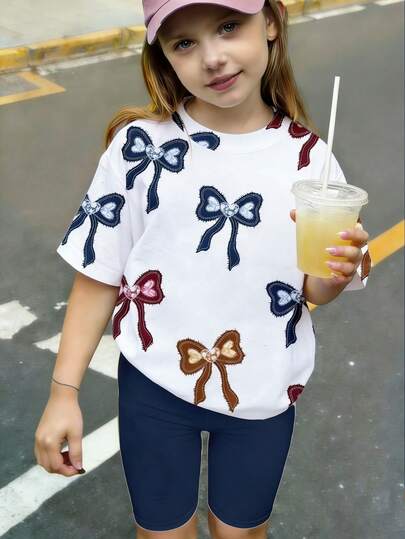 SHEIN Spring And Summer Casual Fashion Creative Personalized Refreshing Chic Colorful Denim-Look Bow & Heart Graphic Print T-Shirt And Bike Shorts Set, Comfortable Cozy Summer And Fall Styles Suitable For Girls Daily Sporty Outfits