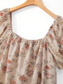 GlowEve CURVE 大码女式柔美碎花方领泡泡袖荷叶边袖口上衣+松紧腰阔腿裤套装，休闲通勤日常度假两件套，夏季新款 - 彩色 - 查看 3