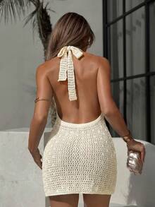 Swim SXY Đầm quấn gợi cảm hở lưng đính sequin với thiết kế thắt khăn len, đầm ôm sát ngắn thích hợp cho kỳ nghỉ. - Màu be - Xem 2