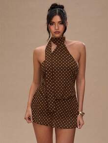 SHEIN BAE 女士圆点印花无袖连衣裙 - 摩卡棕 - 查看 7