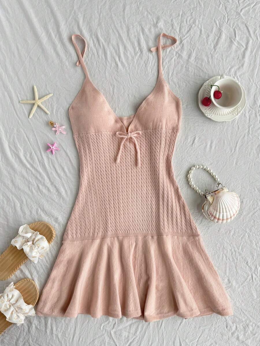 Elamini Women's Casual Cute Beach Vacation Halter Ribbed Twist Patchwork A-Line Mini Knit Dress, Spring/Summer - Baby Pink - View 1