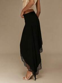 Glamine Women's New Elegant Embroidered Contrast Lace Asymmetrical Skirt, Spring/Summer - Black - View 2