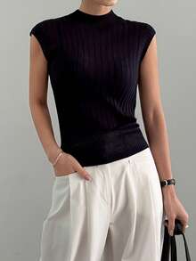 DAZY 女士夏季圆领短袖薄纱露背性感休闲修身针织上衣 - 藏蓝色 - 查看 6