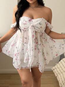 Sunnyshic Áo kiểu Pháp thanh lịch tay phồng trễ vai họa tiết hoa nhí. - trắng - Xem 3