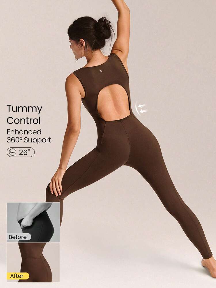 26'' FeatherFit™-Air Sweat-Wicking Quick-Dry Flow And Go Tummy Control Cutout Back Square Neck Back Athletic Workout Romper Bodyduit With Side Pockets Non-Slip Grips Low Impact Yoga Pilates Studio Daily Casual Wear